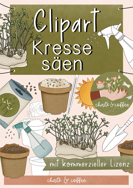 Clipart Kresse säen - Kresse Anpflanzen Clip Art mit realistischen Illustrationen + kommerzielle Lizenz