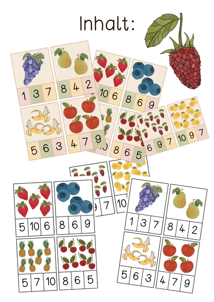 Klammerkarten Obst Zählen Zahlenraum 1-10 - Früchte Zählen Motive Mathe Zahlenraum bis 10 (PDF)