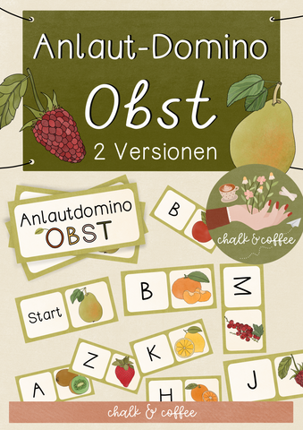 Anlautdomino Obst - zweifach differenziert Früchte Deutsch / DaZ Lernspiele 1. Klasse (PDF)