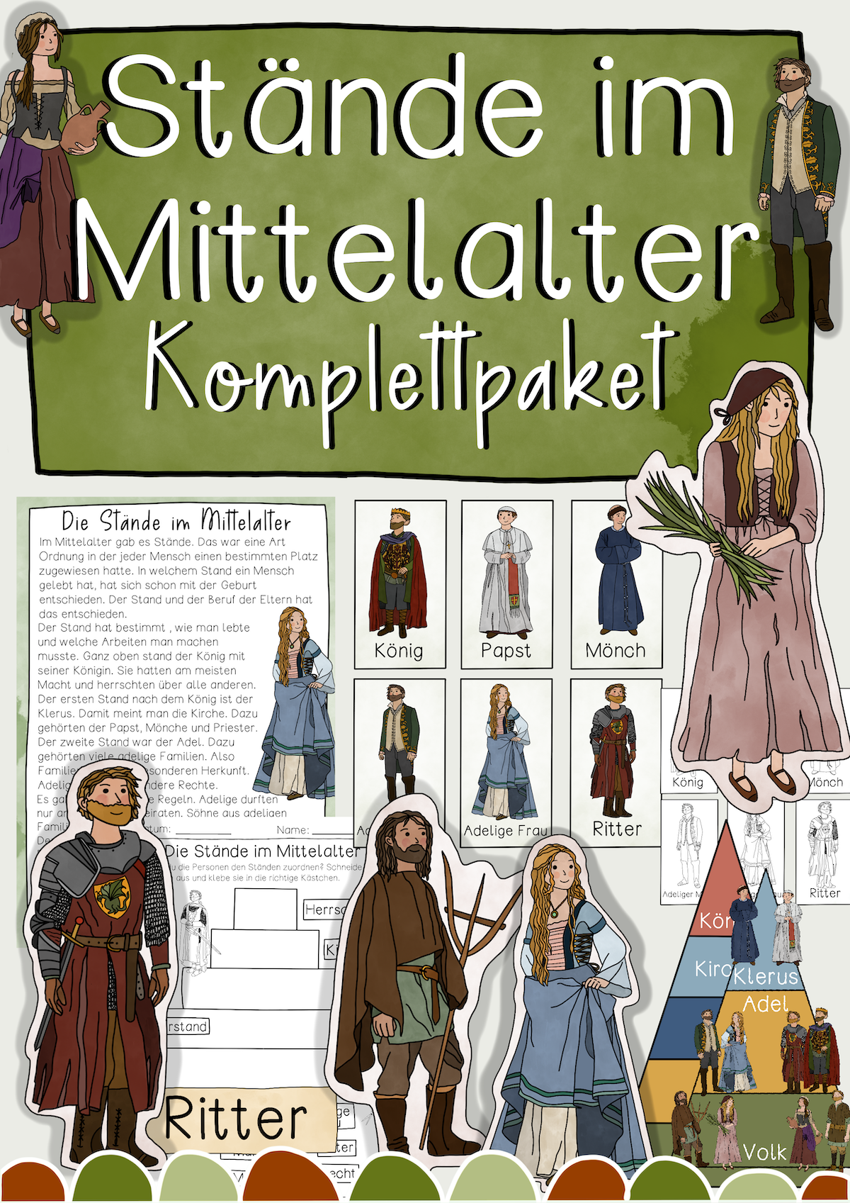 Stände im Mittelalter Unterrichtsreihe - Tafelmaterial, Arbeitsblätter, Legespiel & Bildkarten (PDF)