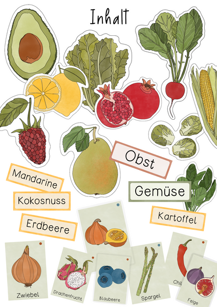 Tafelmaterial Obst & Gemüse - 50 verschiedene Sorten - Bildkarten und Wortkarten